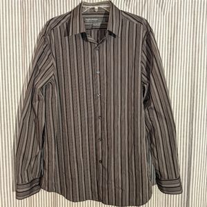 Perry Ellis Portfolio Gey Black Striped Men's DressShirt Slim Fit Wrinkle Free